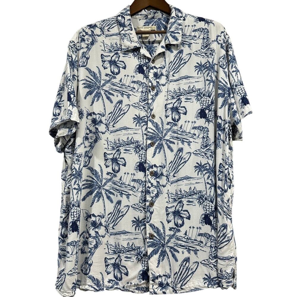 Island Passport Hawaiian Shirt Mens 2XL Button Up Blue Floral 100% Rayon